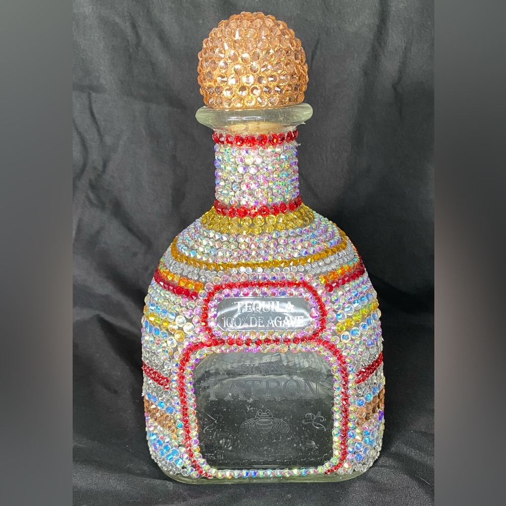 Gold and Red bedazzled Patrón bottle
Handmade